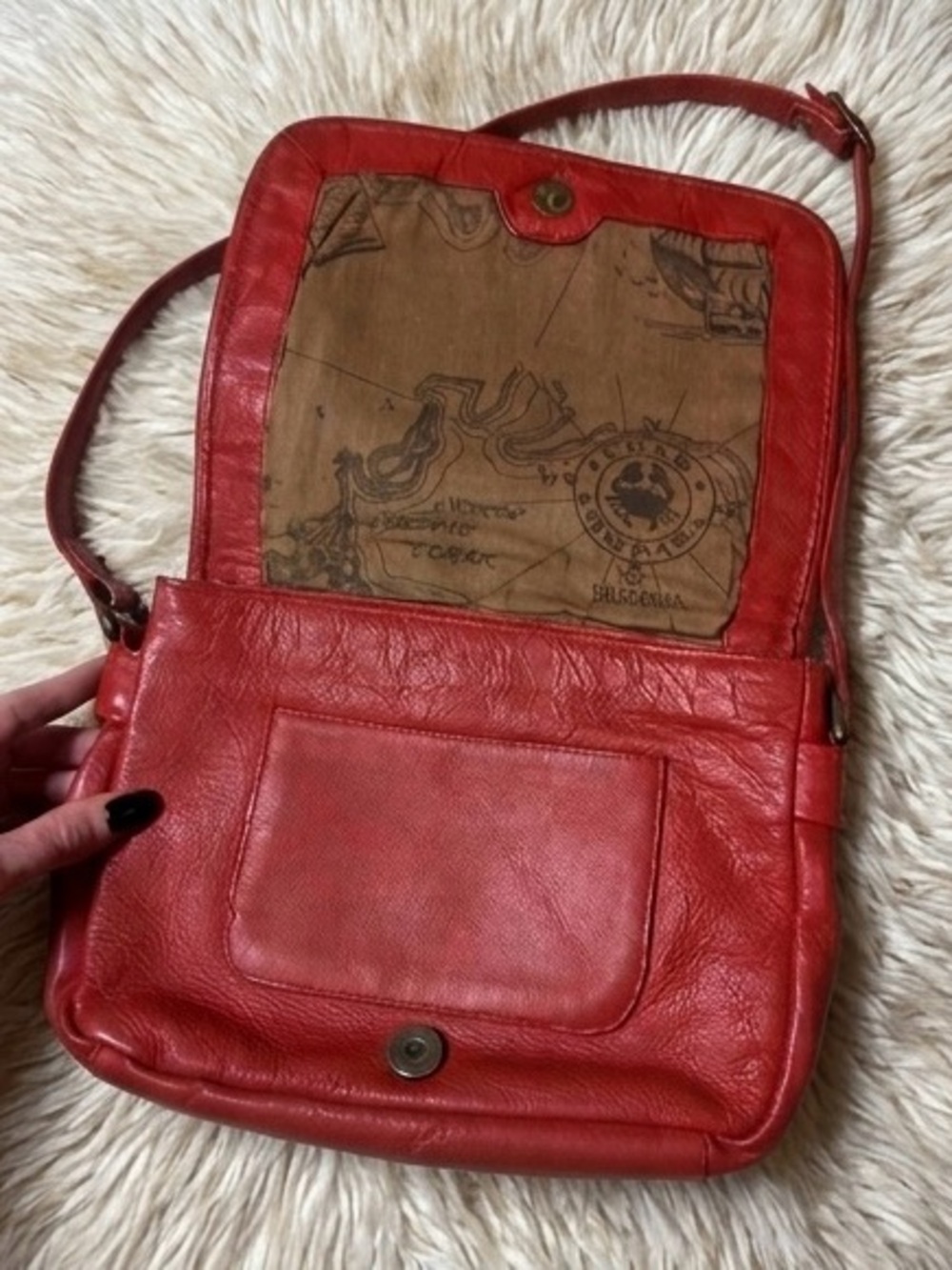 Vintage BARGANZA Red Leather Crossbody Flap Bag Map Lining - Picture 2 of 11